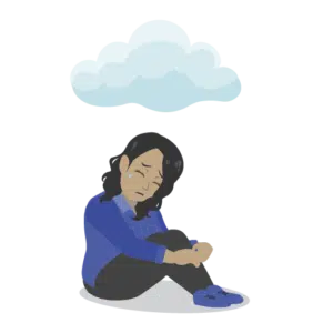 Woman looking down with cloud over head
