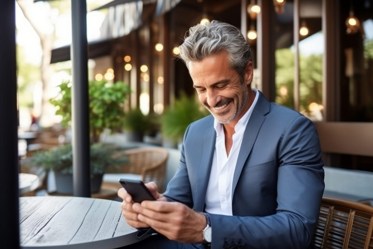 A businessman uses his cellphone to access the Pyx Health app at a cafe.